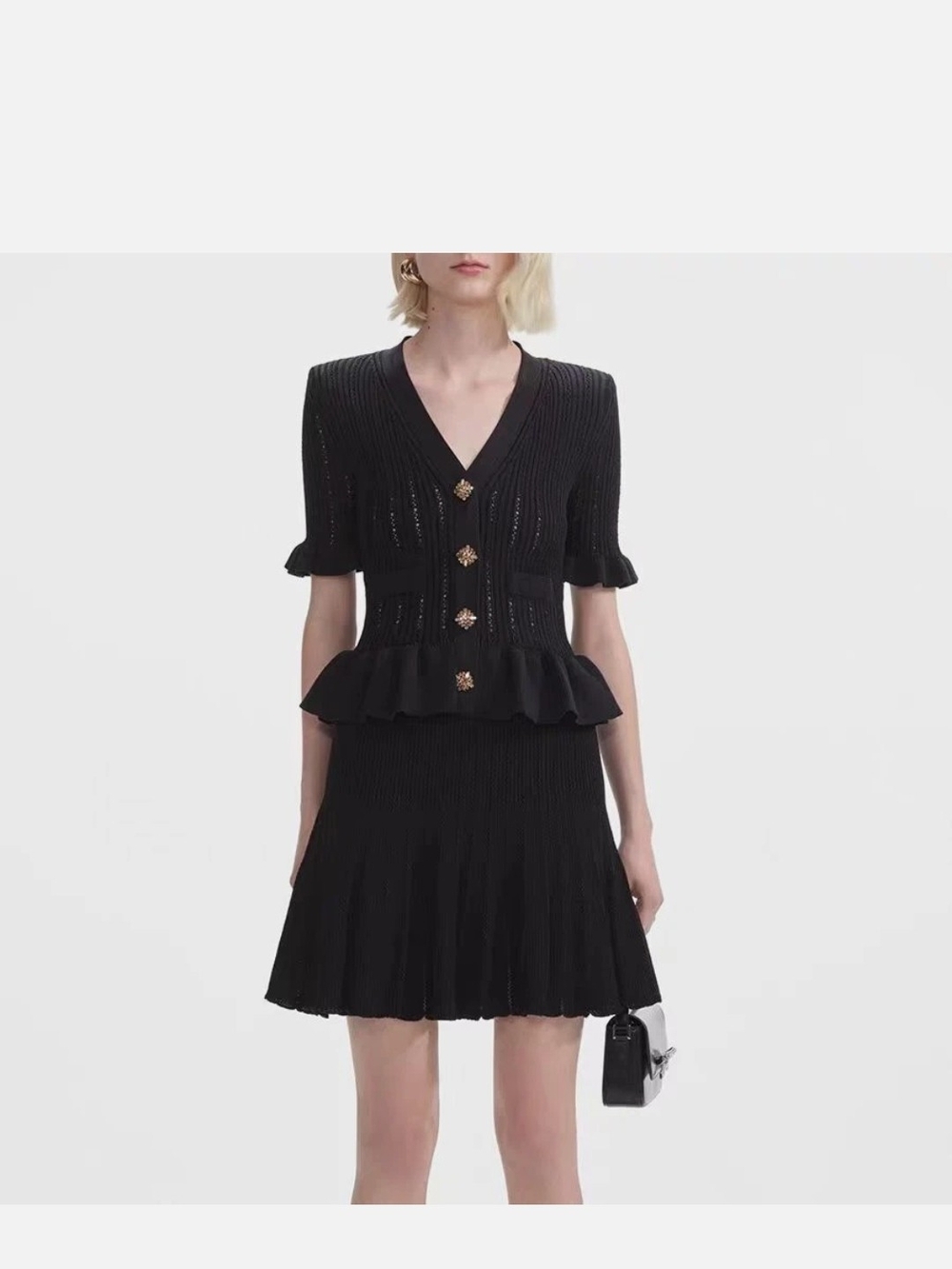 Self-Portrait Style | Black Ribbed Peplum Knit Mini Skirt with Gold Buttons